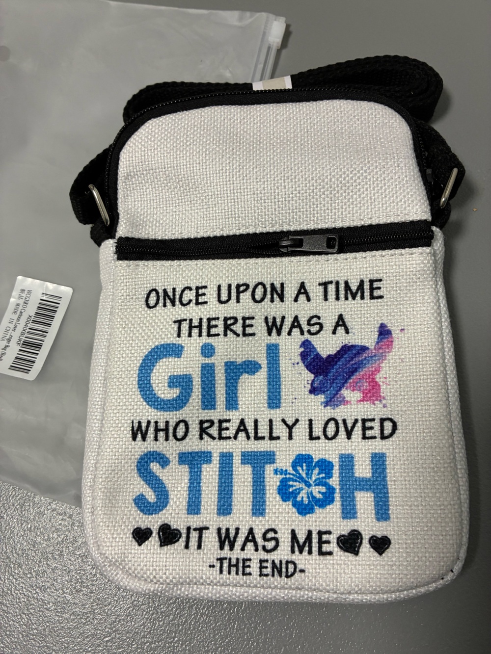 Girl-Print White Canvas Crossbody Bag with Black Trim